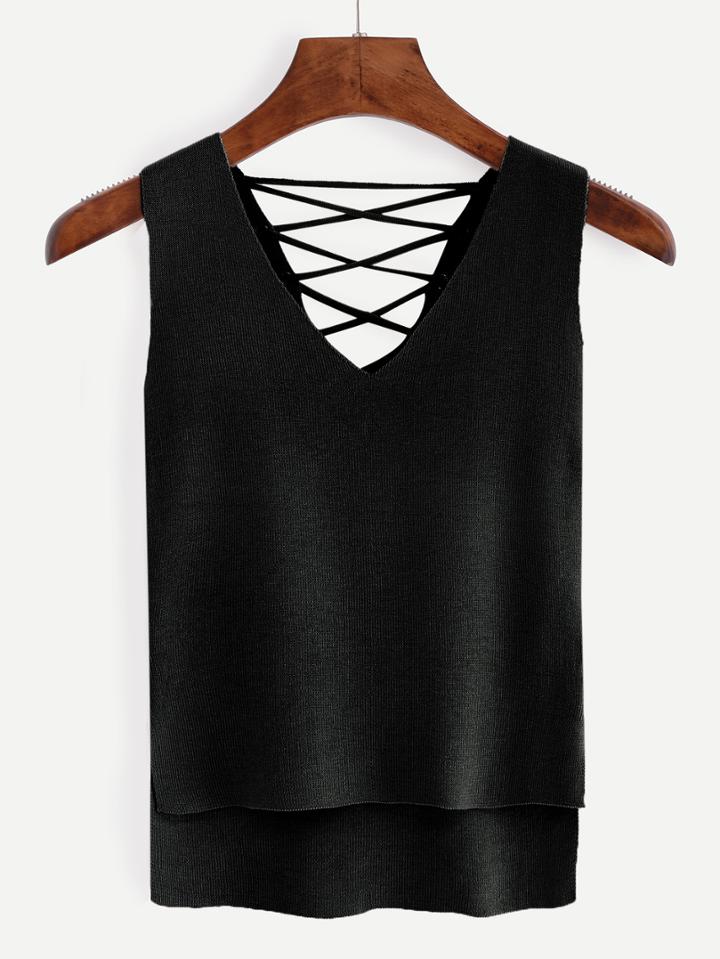 Shein Black V Neck Lace Up Dip Hem Tank Top