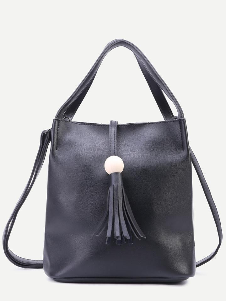 Shein Black Pu Tassel Trim Tote Bag With Strap