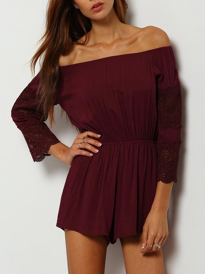 Shein Burgundy Off The Shoulder Lace Embellished Jumpsuit