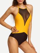 Shein Color Block Mesh Neck One-piece Swimwear - Yellow