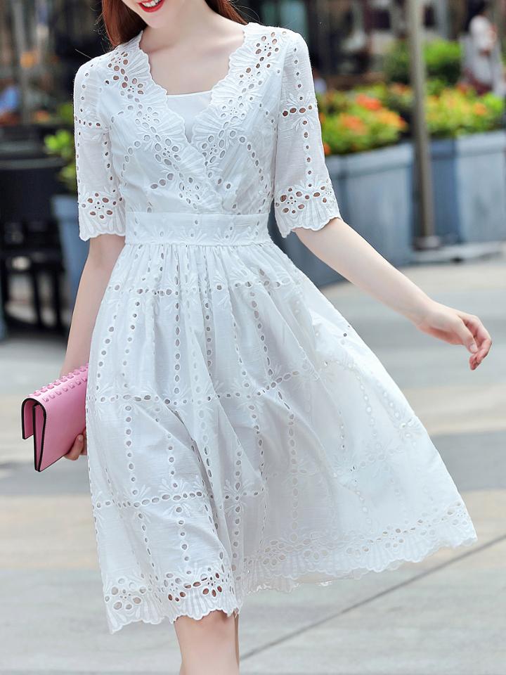 Shein White V Neck Hollow Embroidered Dress