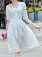 Shein White V Neck Hollow Embroidered Dress