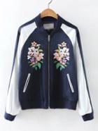 Shein Navy Rib-knit Cuff Embroidery Pockets Zipper Jacket