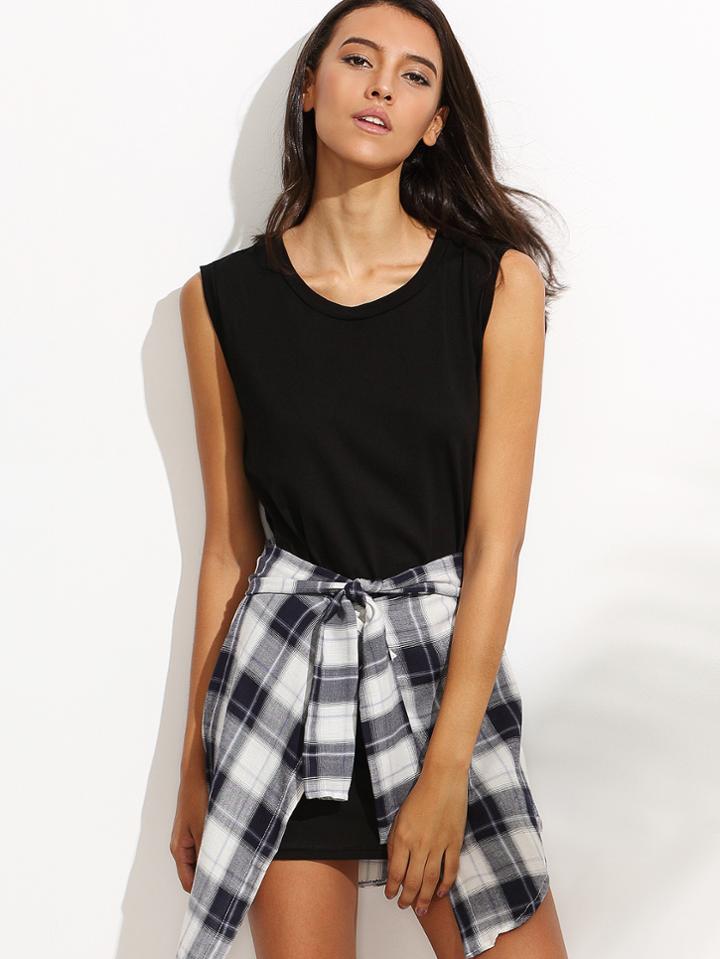 Shein Black Tank Dress With Contrast Detachable Plaid Panel