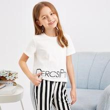 Shein Girls Letter Print & Striped Pants Pj Set