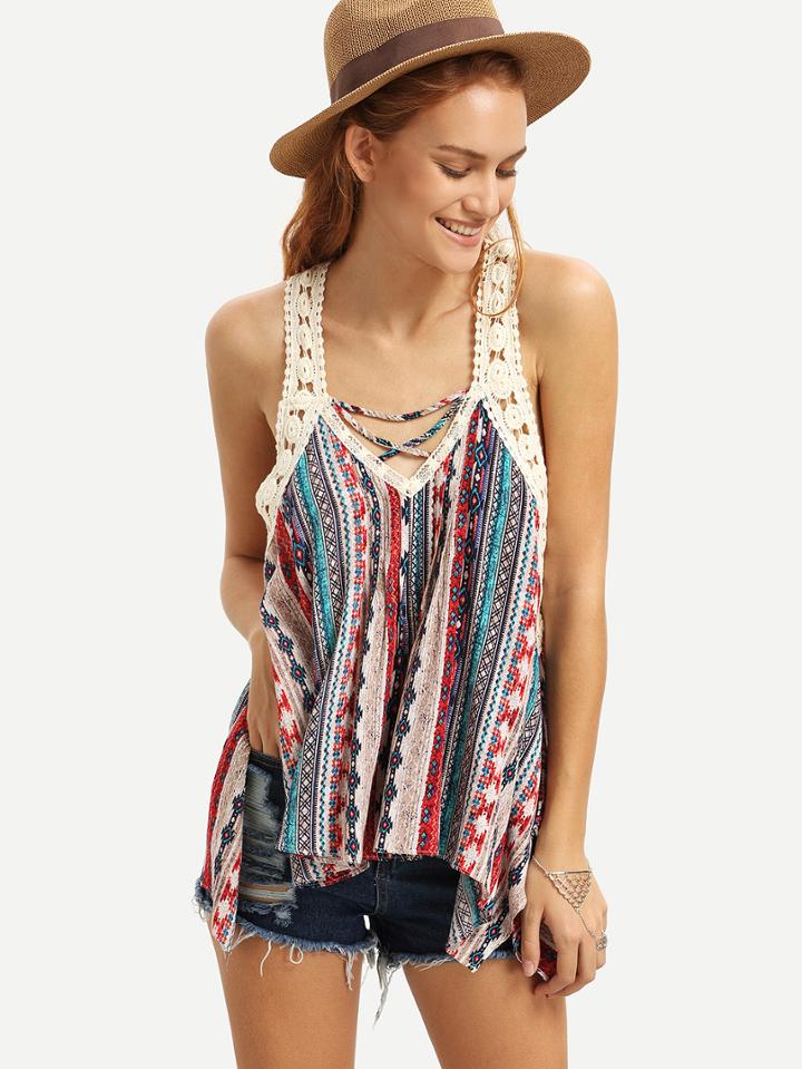 Shein Red Straps Contrast Crochet Print Lattice Front Asymmetrical Top
