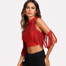 Shein Knot Fringe Cold Shoulder Fitted Top