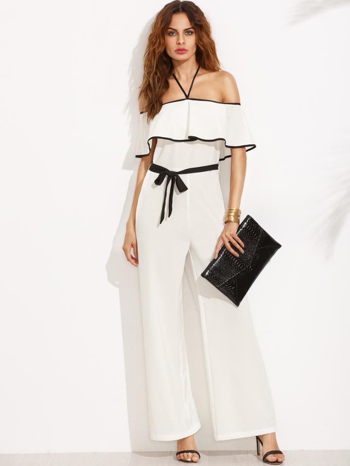 Shein Black And White Halter Ruffle Tie Waist Jumpsuit