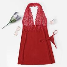 Shein Plus Scalloped Trim Contrast Lace Dress With Thong