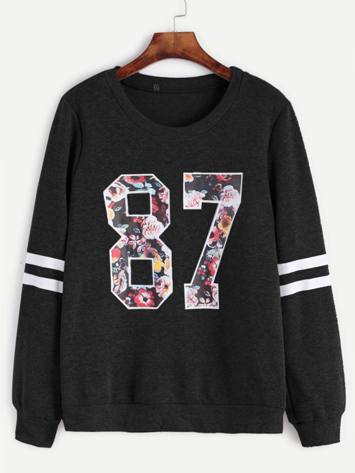 Shein Varsity Print Stripe Sleeve Sweatshirt