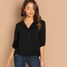 Shein Roll Tab Sleeve Buttoned Wrap Blouse
