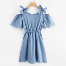 Shein Bow Tie Solid Open Shoulder Denim Dress