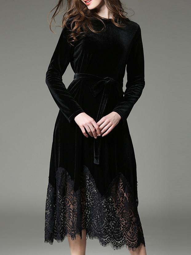 Shein Black Tie-waist Velvet Contrast Lace Dress