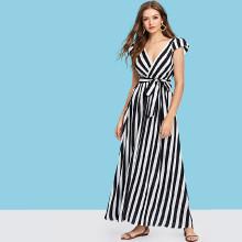 Shein Wrap Belted Striped V-neck Dress
