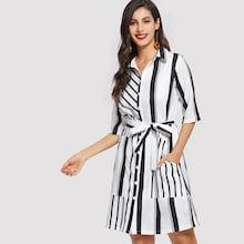 Shein Button & Pocket Front Belted Striped Dress