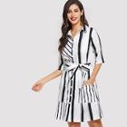 Shein Button & Pocket Front Belted Striped Dress