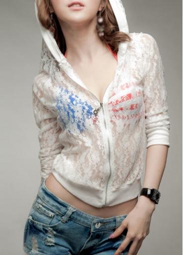 Rosewe Zip Up White Lace Semi Sheer Beach Hoodie