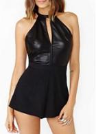Rosewe Black Open Back Pu Patchwork Zip Fly Rompers