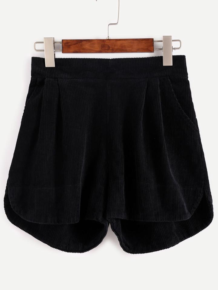 Shein Black Elastic Waist Curved Hem Corduroy Shorts