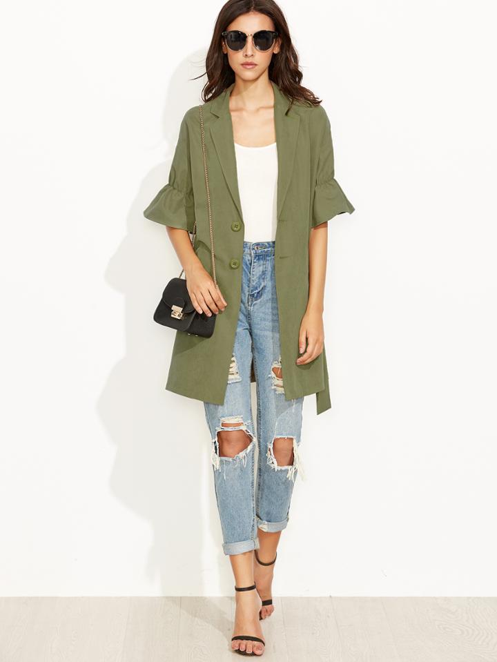 Shein Army Green Half Sleeve Tie Waist Outerwear