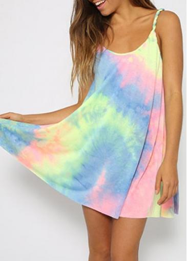 Rosewe Scoop Neck Multicolor Print Strappy Loose Dress
