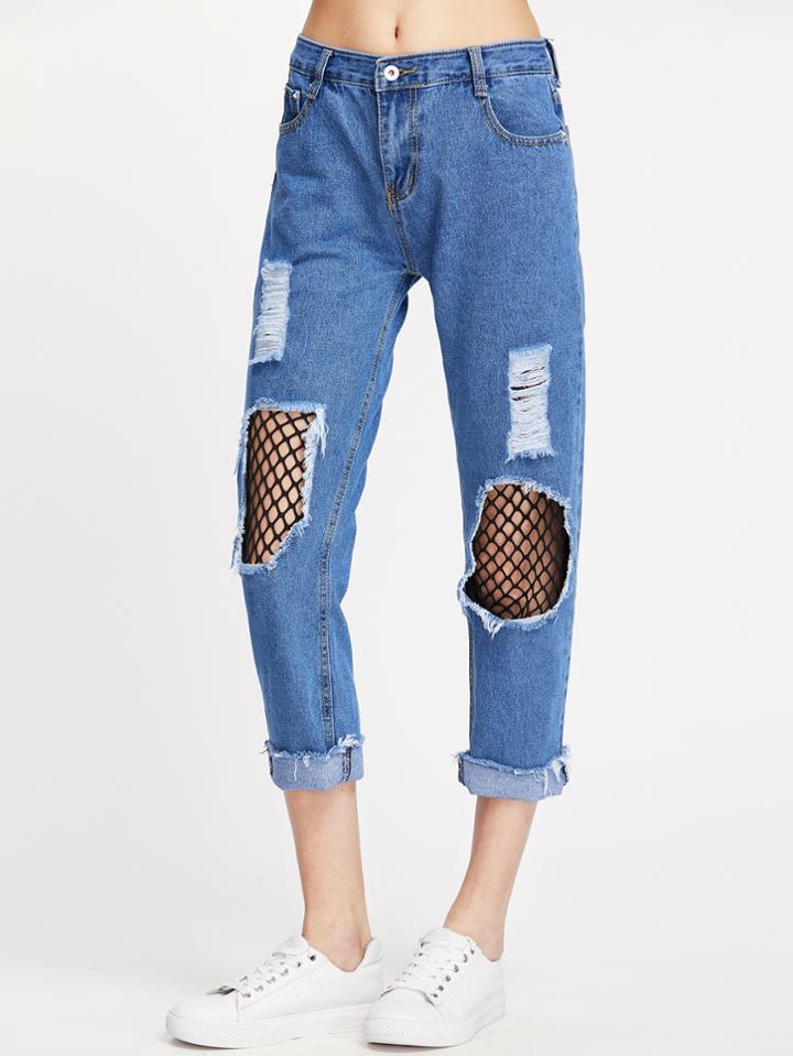 Shein Distressed Finshnet Insert Rolled Hem Cropped Jeans