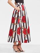 Shein Black And White Striped Rose Print Long Skirt