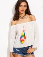 Shein White Tassel Embellished Off The Shoulder Top