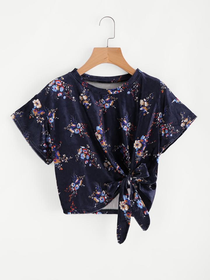 Shein Bow Tie Front Flower Print Tee