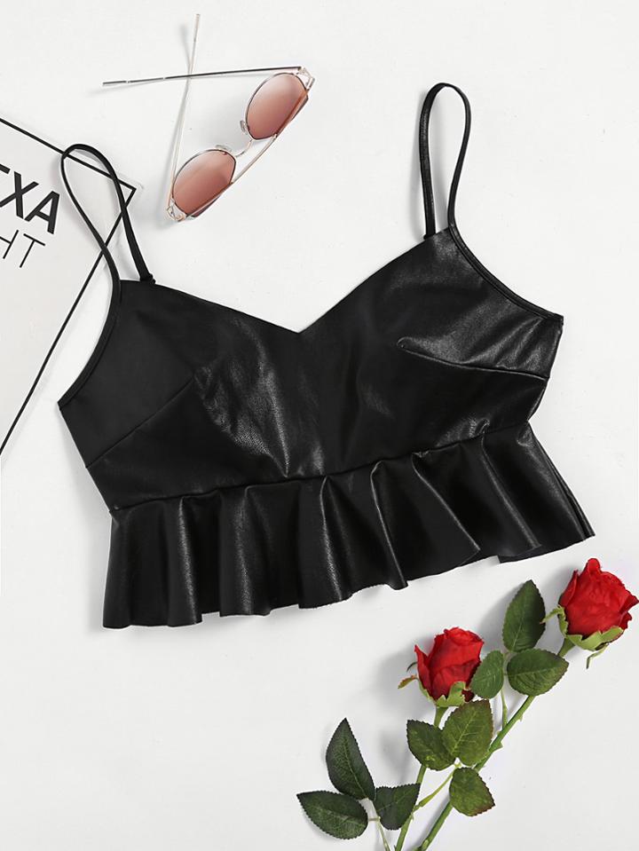 Shein Zipper Back Ruffle Hem Faux Leather Crop Cami Top