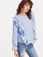 Shein Blue Gingham Layered Ruffle Bell Cuff Top