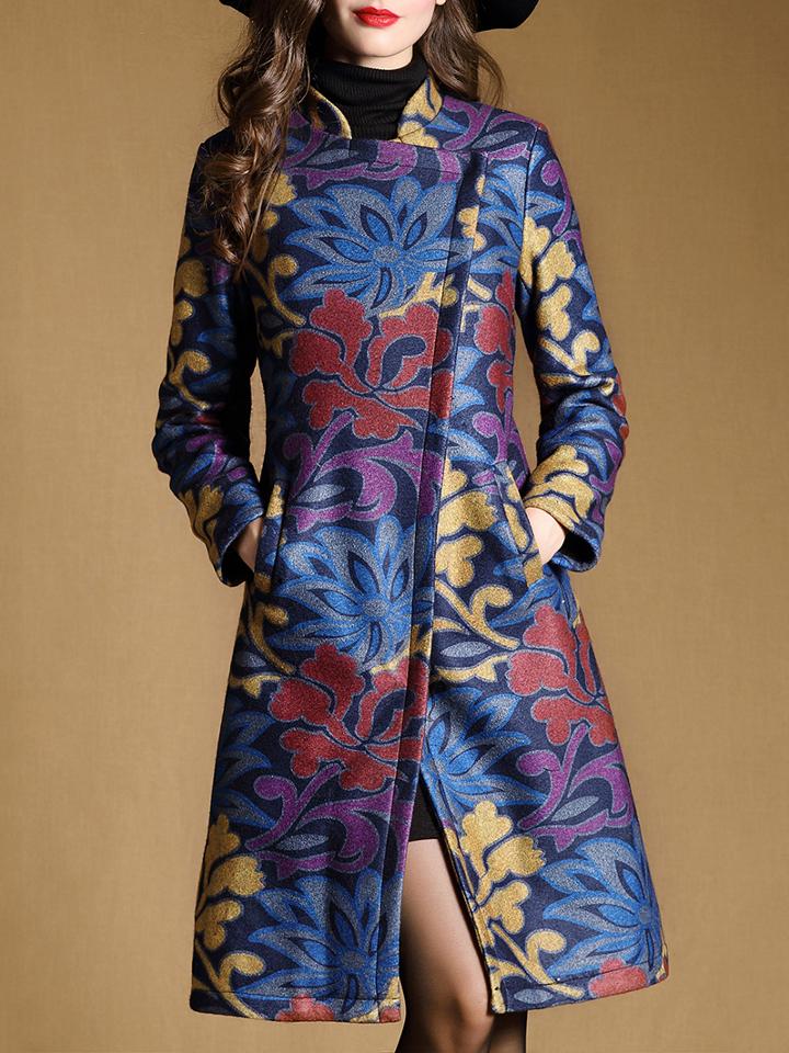 Shein Multicolor Collar Long Sleeve Pockets Print Coat