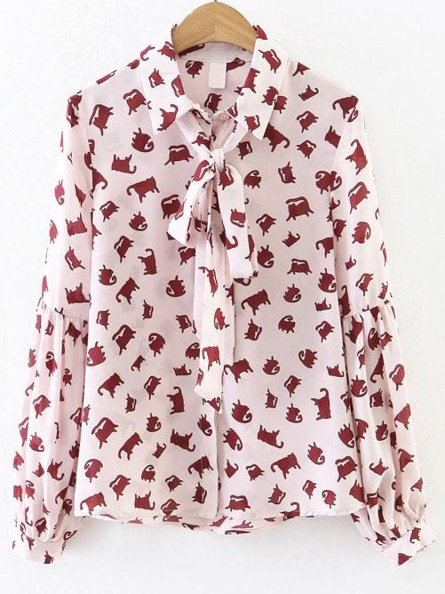 Shein Pink Cat Print Bow Tie Drop Shoulder Seam Blouse