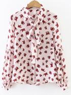 Shein Pink Cat Print Bow Tie Drop Shoulder Seam Blouse
