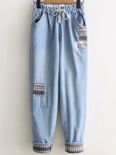 Shein Roll Cuff Tribal Pattern Drawstring Denim Pants