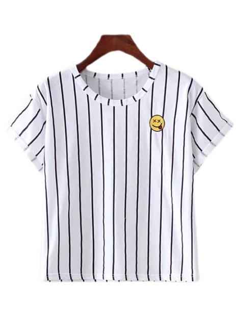 Shein Navy Vertical Stripe Smiling Face Embroidery T-shirt