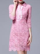Shein Pink Lapel Crochet Hollow Out Scallop Dress