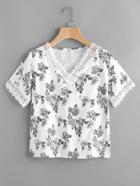 Shein Calico Print Contrast Lace Trim Tee