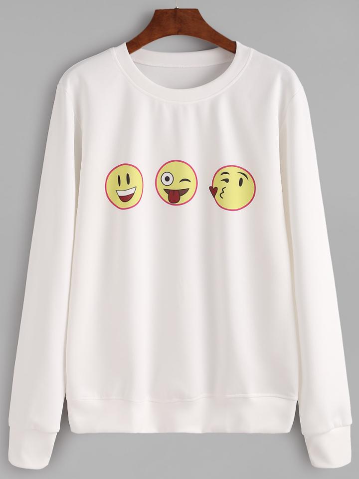 Shein White Emoji Print Sweatshirt