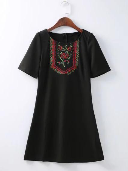 Shein Black Embroidery Zipper Back Shift Dress