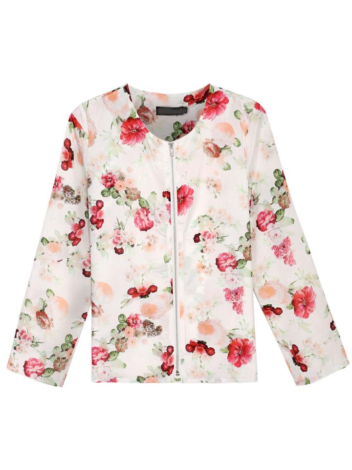 Shein Multicolor Long Sleeve Floral Zipper Jacket
