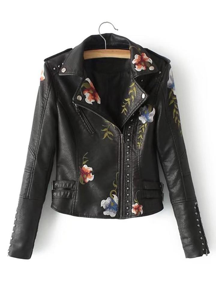 Shein Flower Embroidery Studded Detail Pu Biker Jacket
