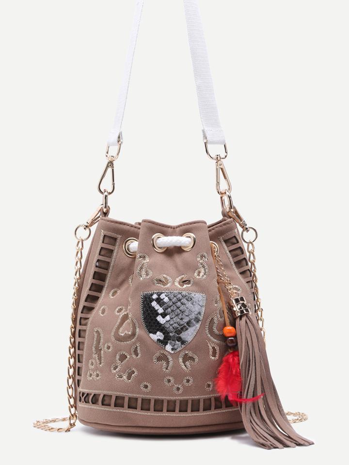 Shein Khaki Embroidered Bohemian Bucket Bag With Convertible Strap
