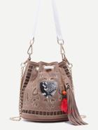 Shein Khaki Embroidered Bohemian Bucket Bag With Convertible Strap