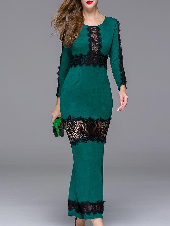 Shein Green Round Neck Long Sleeve Contrast Lace Dress