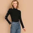 Shein Buttoned Sleeve Rib-knit T-shirt