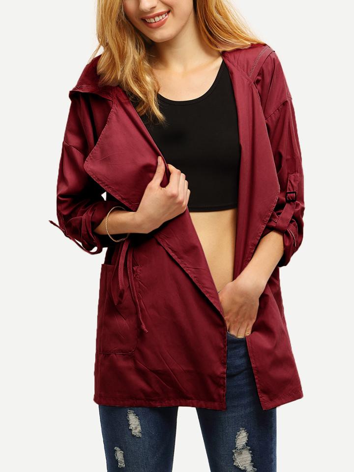 Shein Burgundy Drawstring Pockets Hooded Coat