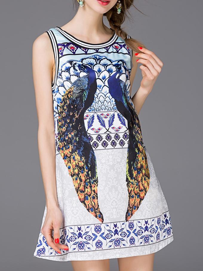 Shein White Crew Neck Peacock Jacquard Dress