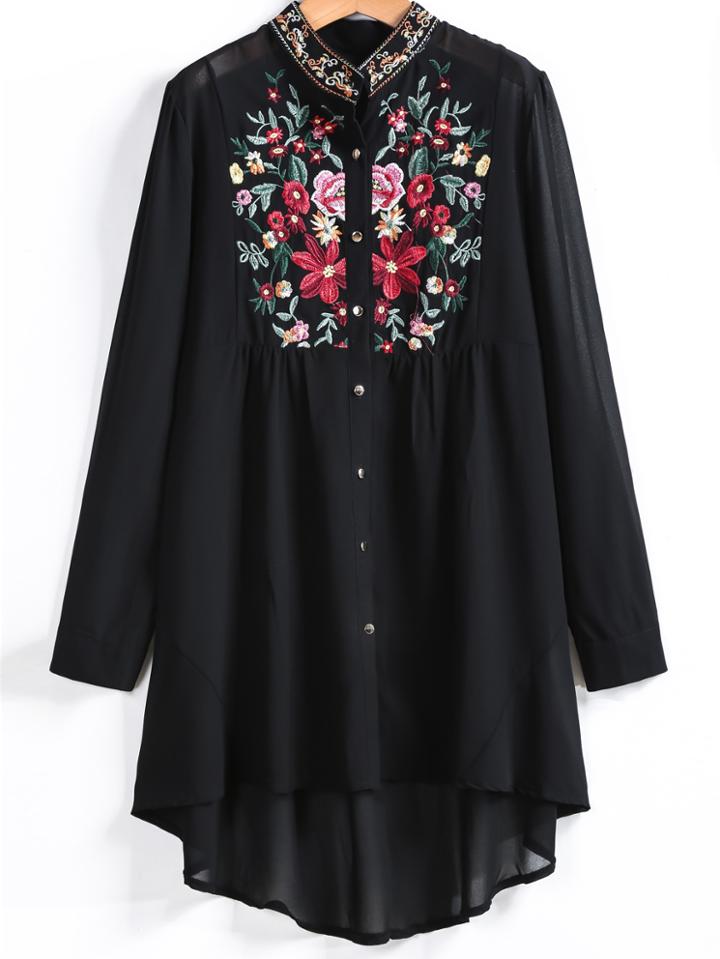 Shein Embroidered Button Up Dip Hem Blouse