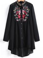 Shein Embroidered Button Up Dip Hem Blouse